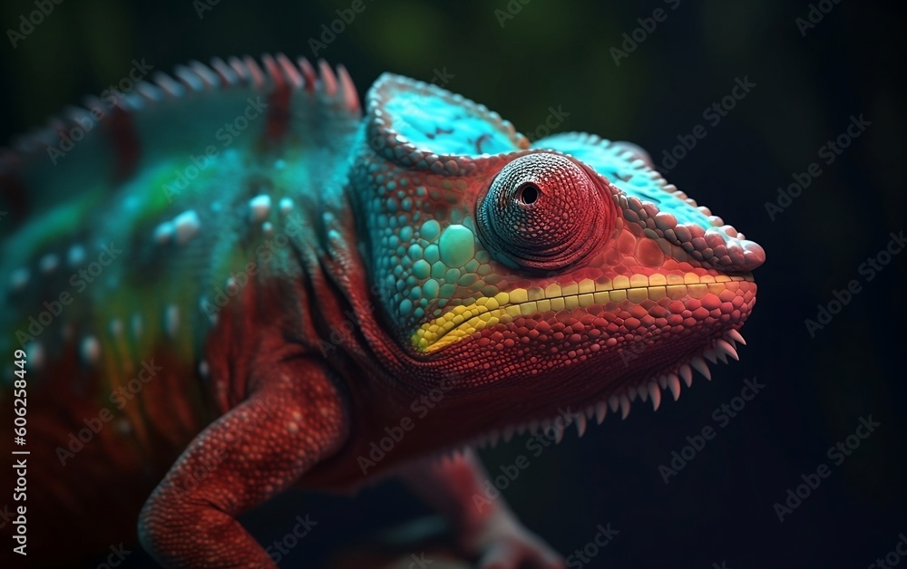 Obraz premium Multicolored chameleon on a green background closeup created with Generative AI technology