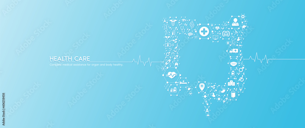 Intestine health care. Medical icons inside hexagons connected in the shape of the human intestine with white rate graph heart pulse. Organs icons on blue background banner. Vector.