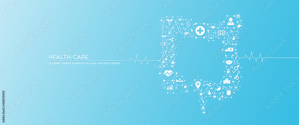 Intestine health care. Medical icons inside hexagons connected in the ...