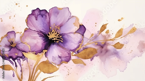 Purple floral wedding golden alcohol ink on white isolated.