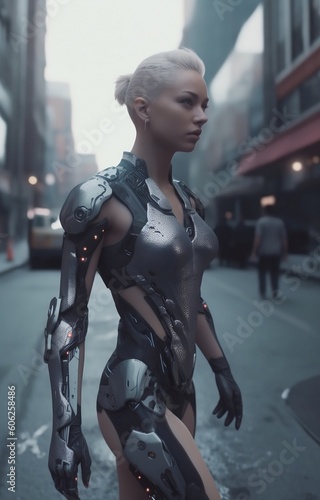 Cyber woman stands on the street of the metropolis. Robot woman portrait. Cyborg girl from future created with Generative AI technology