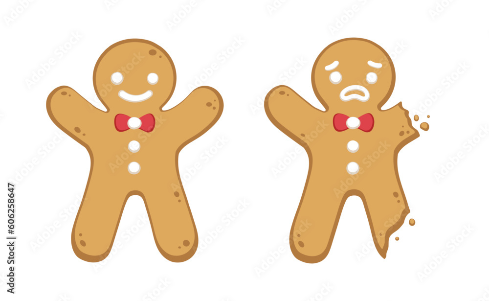 Obraz premium Cartoon gingerbread man whole and with head bite. Funny Christmas cookie vector illustration.