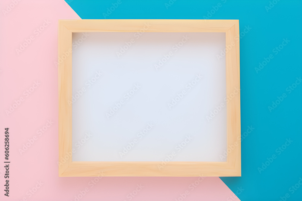 Empty Wooden Square Frame On Pink And Blue Background Empty Wooden Square Frame On Pink And Blue Background