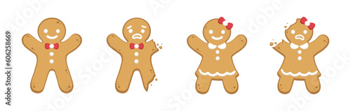 Set of gingerbread man and woman sweet cookies, whole and with bite clipart. Holiday winter Christmas symbols. Vector illustration.