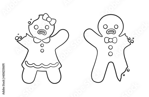 Set of gingerbread man and woman sweet cookies with bite outline. Holiday winter Christmas elements. Vector illustration. Coloring book page activity for kids.