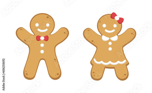 Holiday gingerbread of snowman, smiling girl in dress and boy with bow and buttons. Happy New Year decoration in flat style isolated on white vector