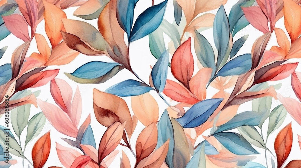 watercolor floral and leaves seamless pattern.  - obrazy, fototapety, plakaty 