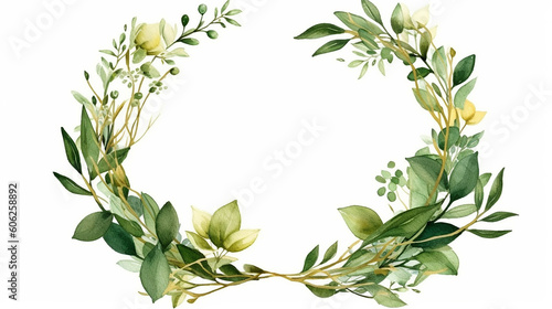 watercolor green leaves and gold round frame invitation on white background 