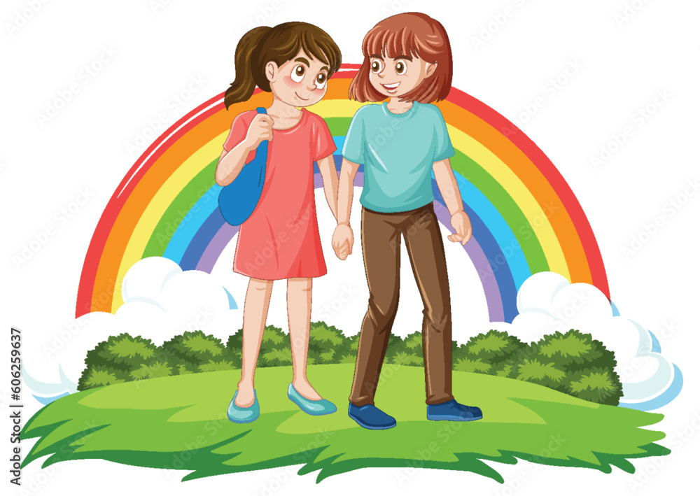 Lesbian couple holding hand walking in the park