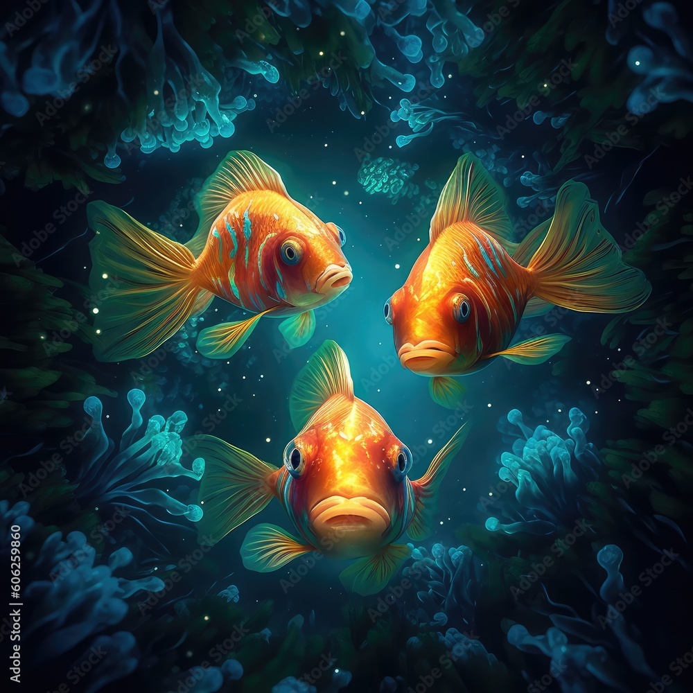 Three fishes swimming in the ocean, AI generated. Three fishes swimming in the ocean, AI generated.