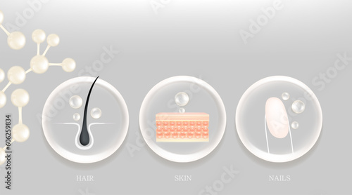 Hyaluronic acid skin hair nails solutions ad, white collagen serum drop with cosmetic advertising background ready to use, illustration vector.