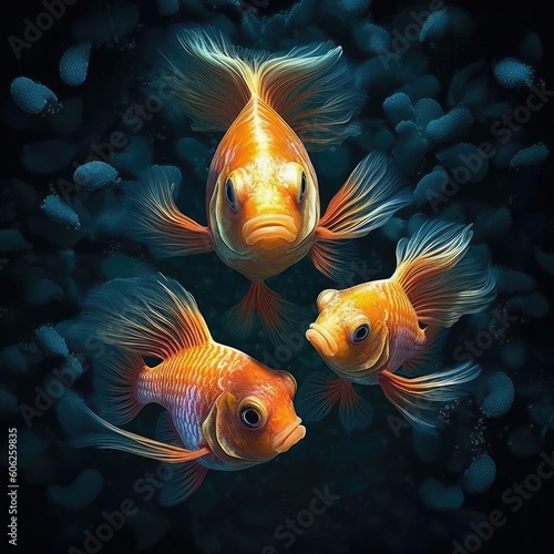 Three fishes in the ocean, Fish swimming in the sea underwater with light shining, AI generated.