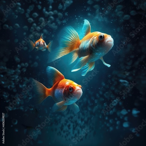 Three fishes in the ocean, Fish swimming in the sea underwater with light shining, AI generated. © visoot