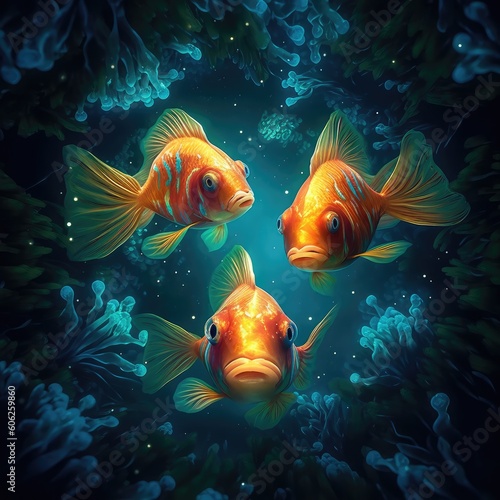 Three fishes swimming in the ocean, AI generated.