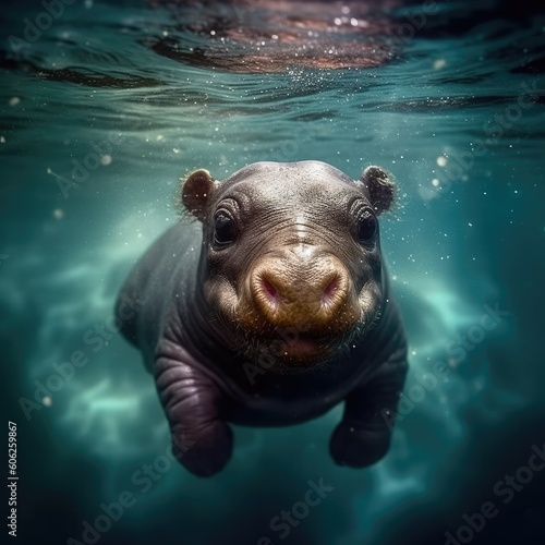 Hippos swimming underwater, AI generated.