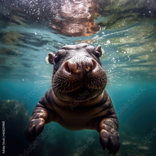 Hippopotamus swimming underwater, AI generated.