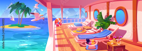 Sea cruise ship deck with bird and island view cartoon vector background. Ocean vacation scene on wooden embankment with railing. Summer trip in bay with empty outdoor lounge on boat for sunbathing