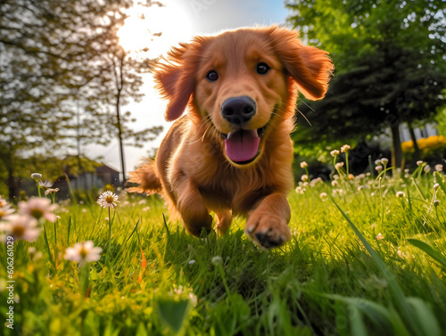 a brown dog running across a lush green field, happy dog, running towards camera, running towards the camera, generative ai