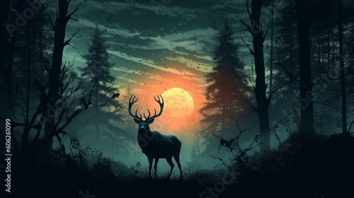 The silhouette of a stag standing at the edge of a dense forest, its majestic antlers etched against the soft glow of the moon.
