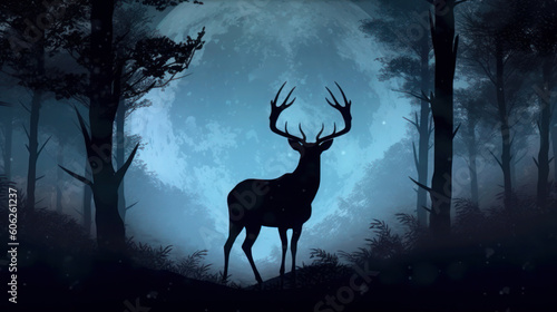 The silhouette of a stag standing at the edge of a dense forest, its majestic antlers etched against the soft glow of the moon. © Paul