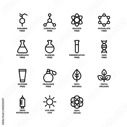 No artificial colors, organic leaf line icons. Chemical formula icons of paraben undergoing dermatological test. Hypoallergenic test, Neutral ph.