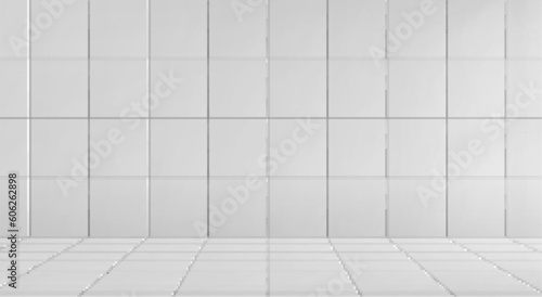 Bathroom studio with ceramic tile wall and floor vector illustration. Square clean pattern for light toilet interior. White geometric abstract bath room mockup with shadow. Mockup glossy construction