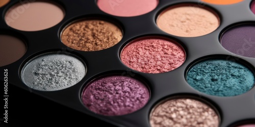 Close up shot of eyeshadow cosmetics makeup. Colorful eyeshadow makeup model. Make up artist