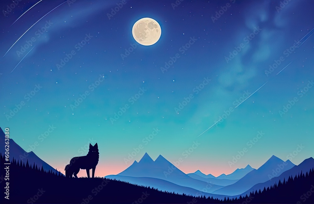 Fototapeta premium Black wolf howling at moon. Generative Ai