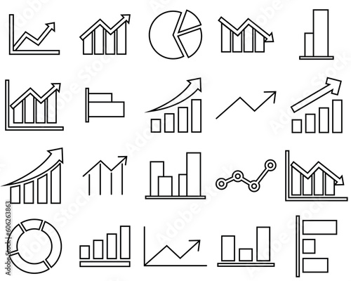 Graphs and charts thin line icons set. data elements, bar and pie, diagrams for business infographics. visualization of data statistic and analytics, logo vector