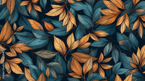Wallpaper Mural Autumn floral pattern brown and gold leaves and blue.  Torontodigital.ca