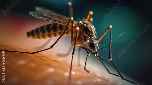 Intricate Shot of a Mosquito Biting Human Skin. Generative AI