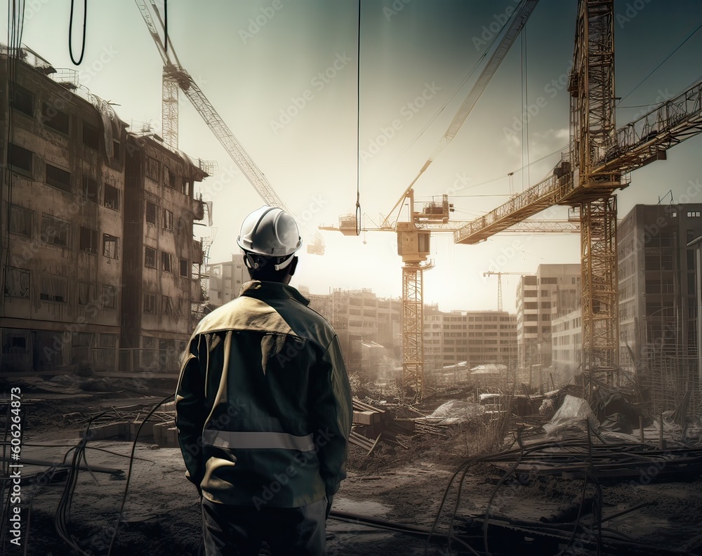 Construction concept. at back of the construction worker head which is wearing the safety helmet and checking work at the construction site. Non-existent person. Generative Ai Construction concept. at back of the construction worker head which is wearing the safety helmet and checking work at the construction site. Non-existent person. Generative Ai