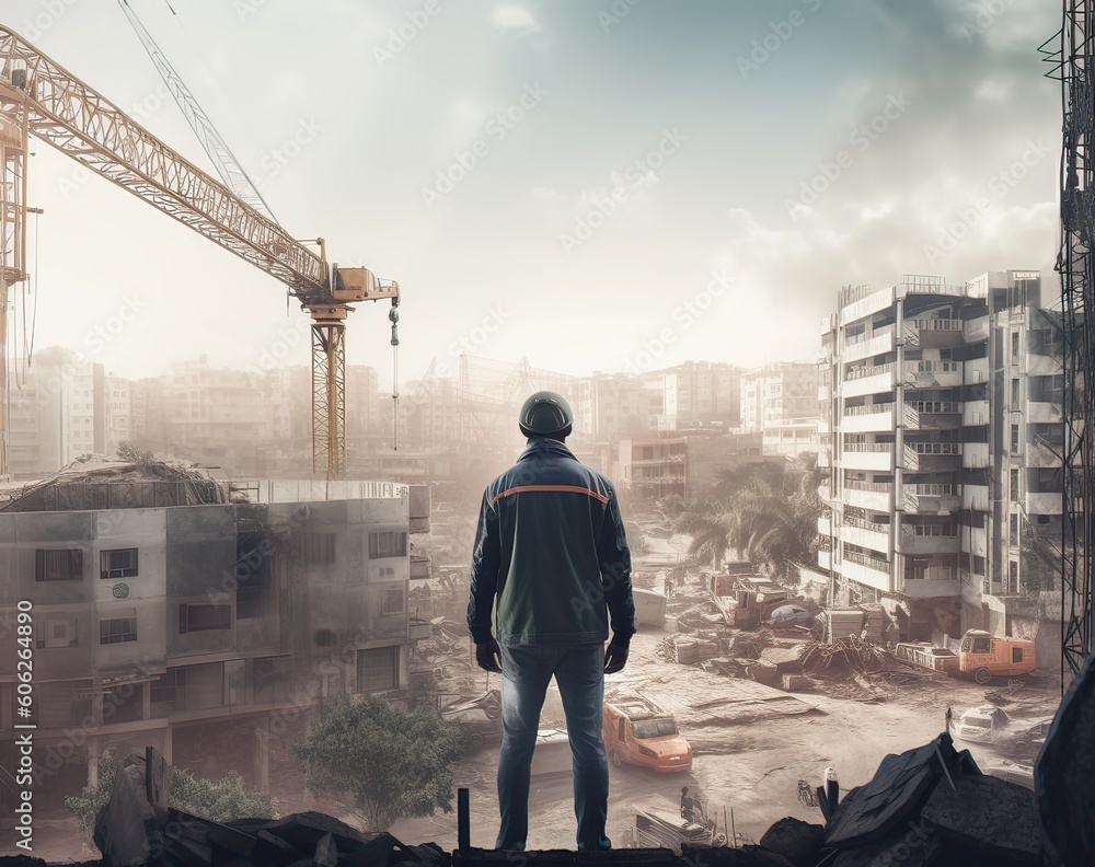 Construction concept. at back of the construction worker head which is wearing the safety helmet and checking work at the construction site. Non-existent person. Generative Ai Construction concept. at back of the construction worker head which is wearing the safety helmet and checking work at the construction site. Non-existent person. Generative Ai