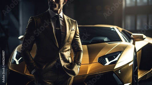 A Close-Up of a Rich Businessman Standing in Front of a Luxurious Supercar. Generative AI photo