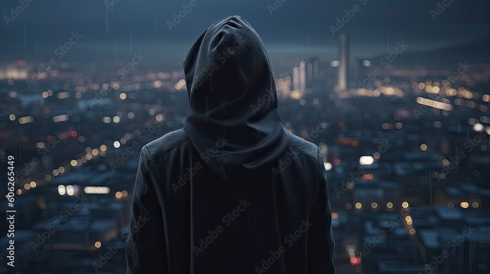 A faceless thief in unrecognizable hoodie standing in the middle of the night in front of the city concept. Generative Ai. A faceless thief in unrecognizable hoodie standing in the middle of the night in front of the city concept. Generative Ai.