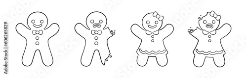 Set of gingerbread man and woman sweet cookies, whole and with bite outline. Holiday winter Christmas coloring book page elements for kids.
