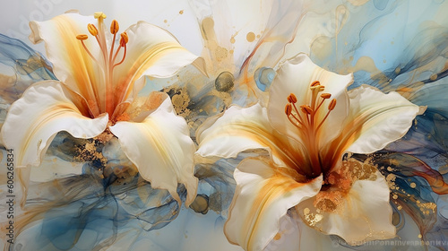 Beautiful lily flower wedding golden alcohol ink. Generative AI