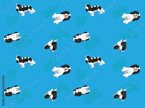 Dog Cavalier King Charles Spaniel Black Coat Cute Cartoon Poses Seamless Wallpaper Background