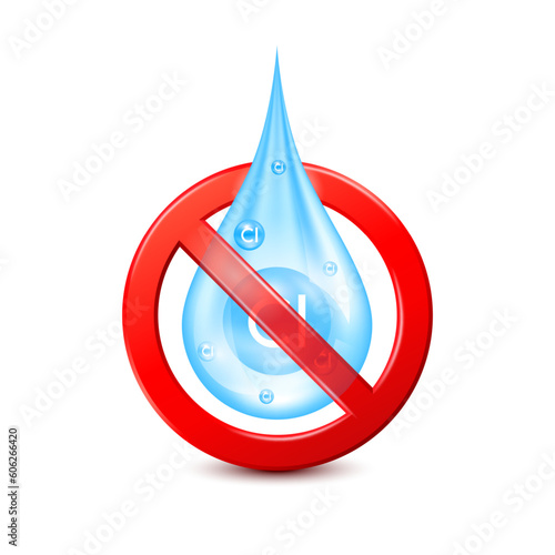 Prohibiting emissions chlorine inside water drop red sign. isolated on white background. Prohibition symbol icon 3D vector EPS10 Illustration.