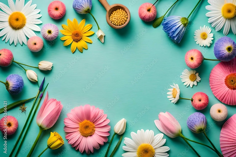 top view of flowers frames, vegetables frames on pastel background with copy spaces Generative Ai technology