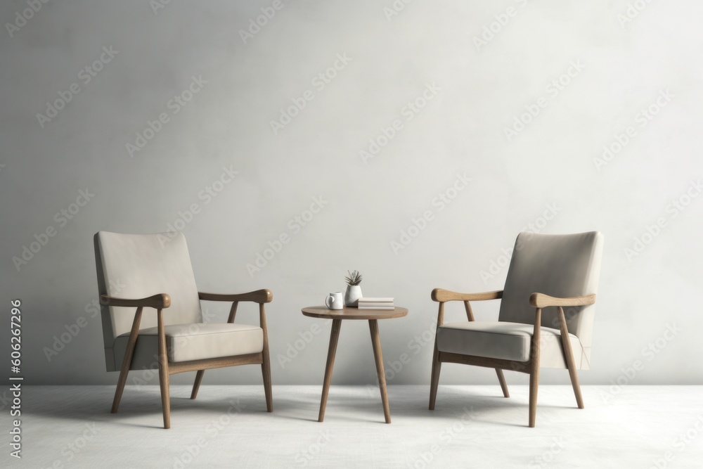 Two Armchair with single table isolated on pastel background. Generative ai Two Armchair with single table isolated on pastel background. Generative ai