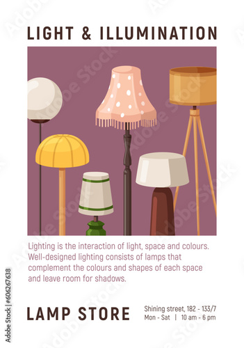Floor lamps, home light and illumination, advertising flyer card for store, s...