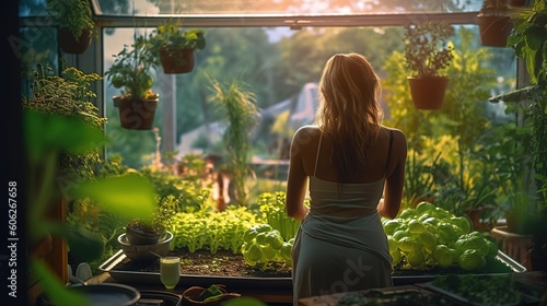 Beautiful Woman Cultivates Her Own Fresh, Organic Vegetables in a Small Garden. Generative ai