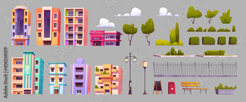 City infrastructure elements with urban building, park kit, fence, bush and tree isolated on background. Library house, restaurant and hotel with signboard clipart to construct custom cityscape street