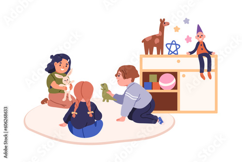 Toddlers playing with toys at kindergarten playschool. Cute preschool kids, children at nursery playroom. Little boys and girls on carpet floor. Flat vector illustration isolated on white background