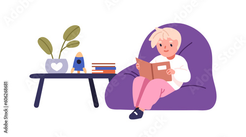 Little boy reading book. Preschool child sitting, studying kids literature. Smart schoolchild reader, clever bookworm at leisure. Flat graphic vector illustration isolated on white background