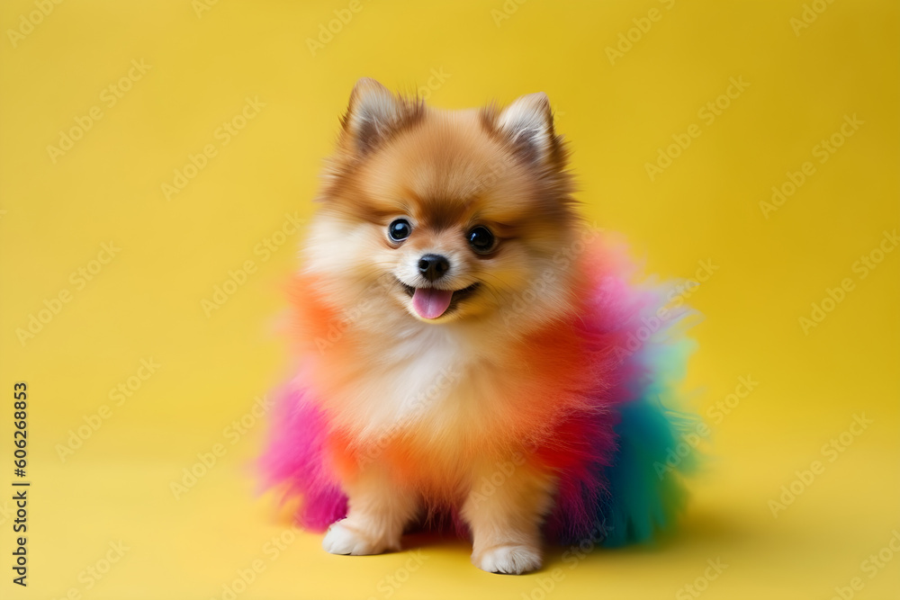 Cute Pomeranian puppy with colourful rainbow fur studio shot portrait