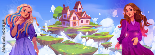 Magic house in sky and standing woman. Fairy tale about opposite good and evil opposite kingdom character. Floating rock heaven island with buildings architecture scenery. Witch mansion air landscape