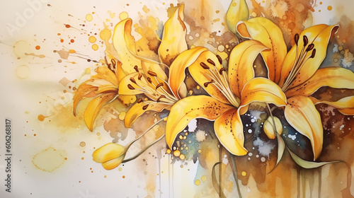 Floral watercolor alcohol golden ink with lily flower. 