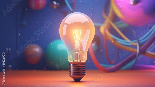 Light bulb shines on a bright and colorful background. Generative AI